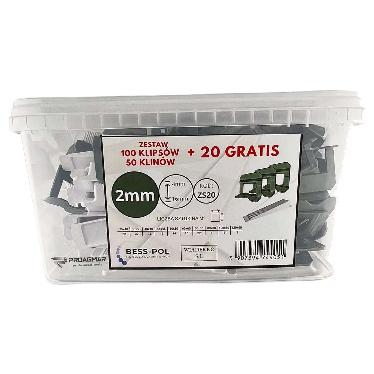 KLIPSY 2mm + KLINY SYSTEM POZIOMOWANIA PŁYTEK 150szt WIADRO BESS POL