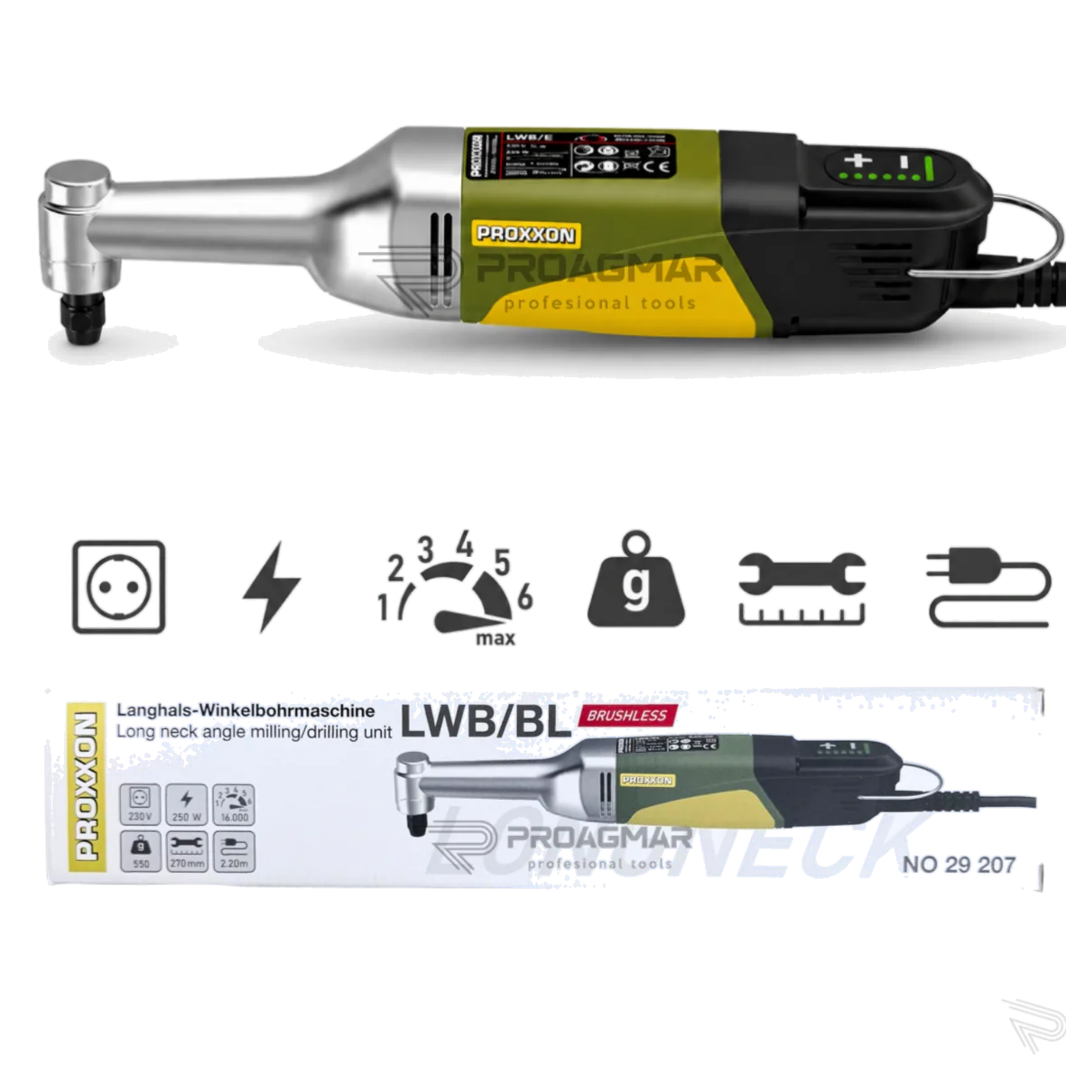 PROXXON 250W Wiertarka kątowa LWB/BL PR29207 ELEKTRYCZNA Z ELEKTRONICZNĄ REGULACJĄ OBROTÓW - obrazek 2