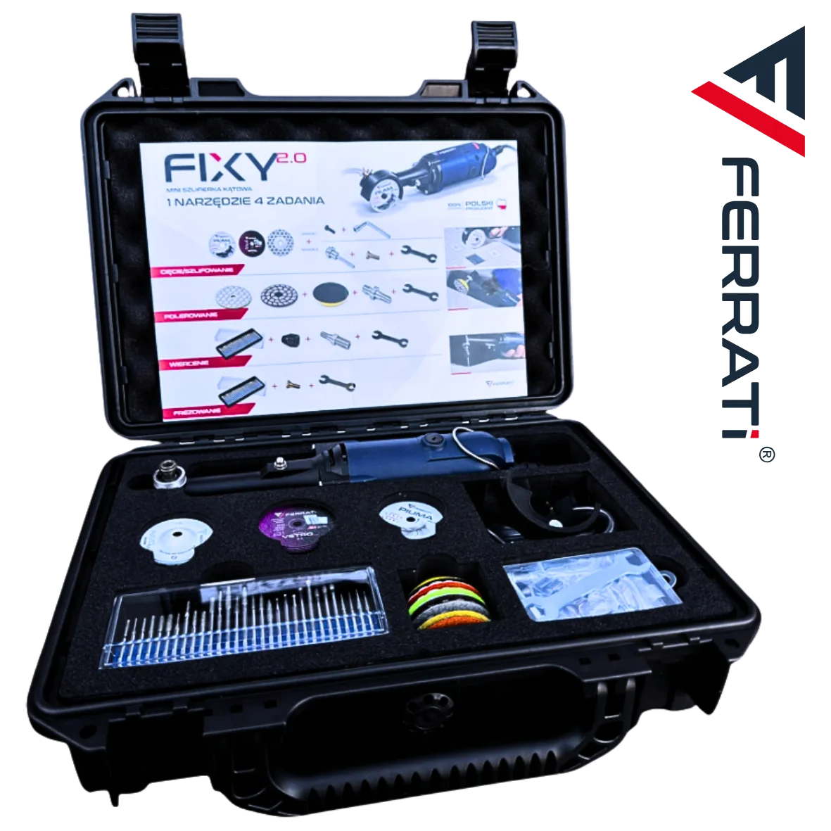 FERRATI FIXY 2.0 2026 MINI SZLIFIERKA WIERTARKA 550W ZESTAW WALIZKA OSPRZĘT - obrazek 3