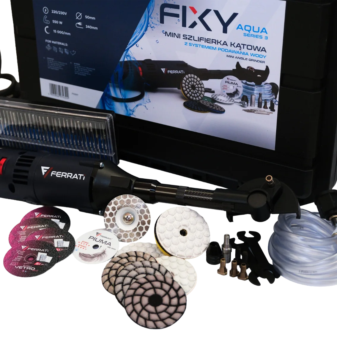 FERRATI FIXY AQUA SERIA 3 2026 MINI SZLIFIERKA / WIERTARKA 550W ZESTAW WALIZKA OSPRZĘT - obrazek 11
